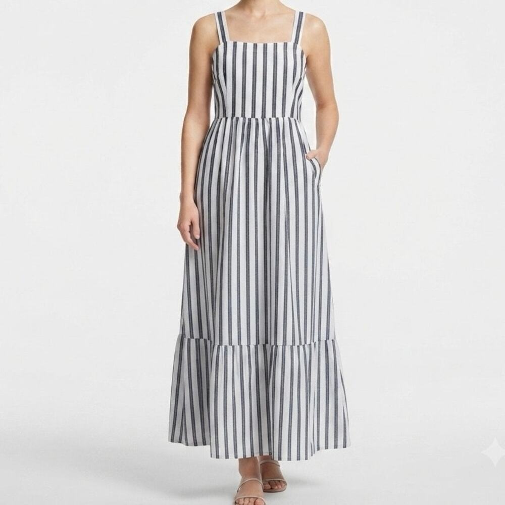 Crown & Ivy Petite Vertical Striped Tiered Maxi Dress White Navy Metallic Size S